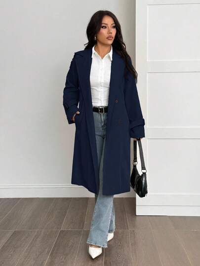 SHEIN PETITE معطف طويل الأكمام كاجوال دافئ بلون أحادي بسيط للنساء