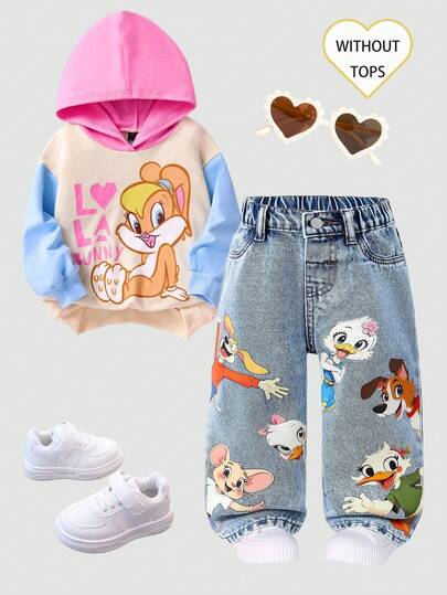 SHEIN Playful Pals بنطلون جينز أطفال بناتي كاجوال صيفي جديد وصول، لون أزرق فاتح، طباعة حيوانات جميلة، قصة فضفاضة وساق مستقيمة، متعدد الاستخدامات للارتداء اليومي والعودة للمدرسة