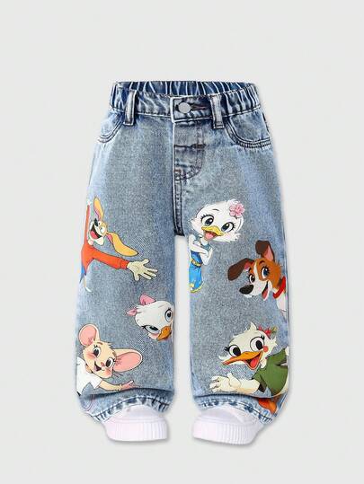 SHEIN Playful Pals بنطلون جينز أطفال بناتي كاجوال صيفي جديد وصول، لون أزرق فاتح، طباعة حيوانات جميلة، قصة فضفاضة وساق مستقيمة، متعدد الاستخدامات للارتداء اليومي والعودة للمدرسة
