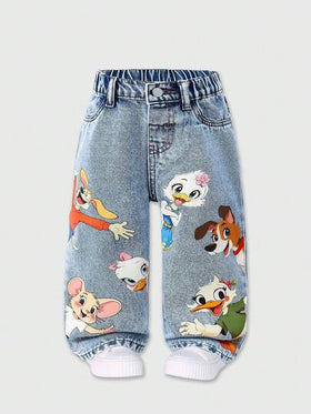 SHEIN Playful Pals بنطلون جينز أطفال بناتي كاجوال صيفي جديد وصول، لون أزرق فاتح، طباعة حيوانات جميلة، قصة فضفاضة وساق مستقيمة، متعدد الاستخدامات للارتداء اليومي والعودة للمدرسة