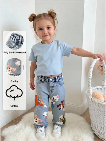 SHEIN Playful Pals بنطلون جينز أطفال بناتي كاجوال صيفي جديد وصول، لون أزرق فاتح، طباعة حيوانات جميلة، قصة فضفاضة وساق مستقيمة، متعدد الاستخدامات للارتداء اليومي والعودة للمدرسة