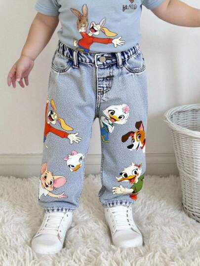 SHEIN Playful Pals بنطلون جينز أطفال بناتي كاجوال صيفي جديد وصول، لون أزرق فاتح، طباعة حيوانات جميلة، قصة فضفاضة وساق مستقيمة، متعدد الاستخدامات للارتداء اليومي والعودة للمدرسة