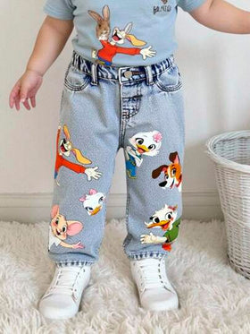 SHEIN Playful Pals بنطلون جينز أطفال بناتي كاجوال صيفي جديد وصول، لون أزرق فاتح، طباعة حيوانات جميلة، قصة فضفاضة وساق مستقيمة، متعدد الاستخدامات للارتداء اليومي والعودة للمدرسة