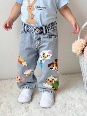 SHEIN Playful Pals بنطلون جينز أطفال بناتي كاجوال صيفي جديد وصول، لون أزرق فاتح، طباعة حيوانات جميلة، قصة فضفاضة وساق مستقيمة، متعدد الاستخدامات للارتداء اليومي والعودة للمدرسة