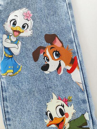 SHEIN Playful Pals بنطلون جينز أطفال بناتي كاجوال صيفي جديد وصول، لون أزرق فاتح، طباعة حيوانات جميلة، قصة فضفاضة وساق مستقيمة، متعدد الاستخدامات للارتداء اليومي والعودة للمدرسة