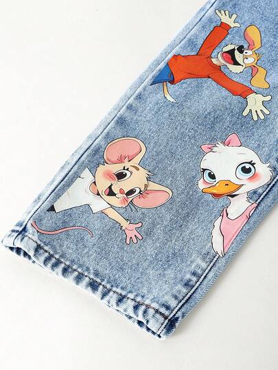 SHEIN Playful Pals بنطلون جينز أطفال بناتي كاجوال صيفي جديد وصول، لون أزرق فاتح، طباعة حيوانات جميلة، قصة فضفاضة وساق مستقيمة، متعدد الاستخدامات للارتداء اليومي والعودة للمدرسة