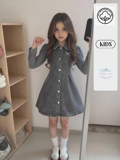 SHEIN Elladie kids فستان جينز للفتيات المراهقات، فستان جينز أنيق وراحة مع نمط مطرز، أسلوب ملابس الشارع الأنيق، قماش متعدد الاستخدامات، وصول جديد