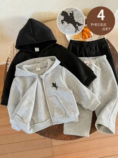 LMoss Kids 4 قطع طقم جاكيت ذات قبعة وبنطلون للأطفال الصبيان من الصوف ذات لون واحد، بدلة رياضية للأطفال، طقم جاكيت ذات قبعة وبنطلون للأطفال، طقم خريف وشتاء للأطفال، طقم كاجوال للأطفال، طقم جاكيت ذات قبعة للأطفال الصبيان، أنماط مريحة للخريف والشتاء، أنماط د