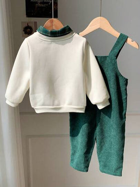 SHEIN مجموعة بنطلون أوفر أول أخضر مخطط مخملي وبلوزة بيج مبطنة للأطفال الرضع، طراز أساسي مريح وعملي وأنيق، مناسب للارتداء في الداخل والخارج والتزلج والاستخدام اليومي والرياضة واللعب والتصوير في فصلي الخريف والشتاء