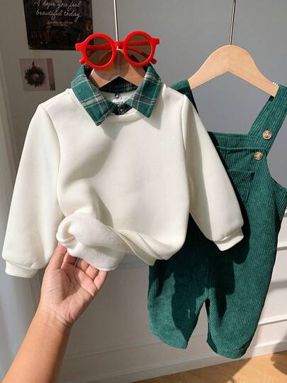 SHEIN مجموعة بنطلون أوفر أول أخضر مخطط مخملي وبلوزة بيج مبطنة للأطفال الرضع، طراز أساسي مريح وعملي وأنيق، مناسب للارتداء في الداخل والخارج والتزلج والاستخدام اليومي والرياضة واللعب والتصوير في فصلي الخريف والشتاء