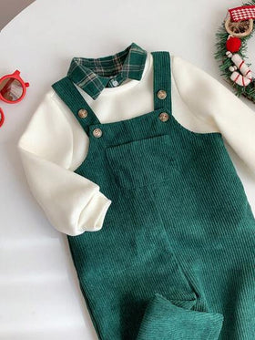 SHEIN مجموعة بنطلون أوفر أول أخضر مخطط مخملي وبلوزة بيج مبطنة للأطفال الرضع، طراز أساسي مريح وعملي وأنيق، مناسب للارتداء في الداخل والخارج والتزلج والاستخدام اليومي والرياضة واللعب والتصوير في فصلي الخريف والشتاء