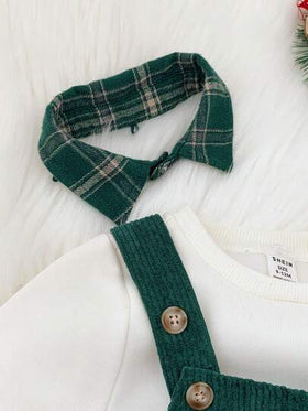 SHEIN مجموعة بنطلون أوفر أول أخضر مخطط مخملي وبلوزة بيج مبطنة للأطفال الرضع، طراز أساسي مريح وعملي وأنيق، مناسب للارتداء في الداخل والخارج والتزلج والاستخدام اليومي والرياضة واللعب والتصوير في فصلي الخريف والشتاء