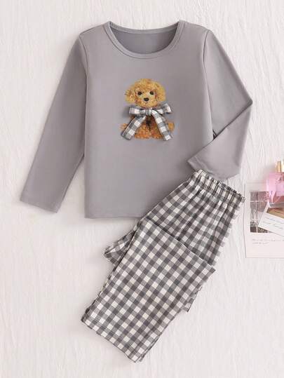 SHEIN Genkimix Kids مجموعة بيجاما بقميص كم طويل وبنطال من قطعتين مطبوع عليها كلب كرتوني وفيونكة للبنات
