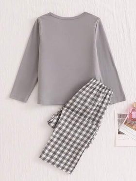 SHEIN Genkimix Kids مجموعة بيجاما بقميص كم طويل وبنطال من قطعتين مطبوع عليها كلب كرتوني وفيونكة للبنات