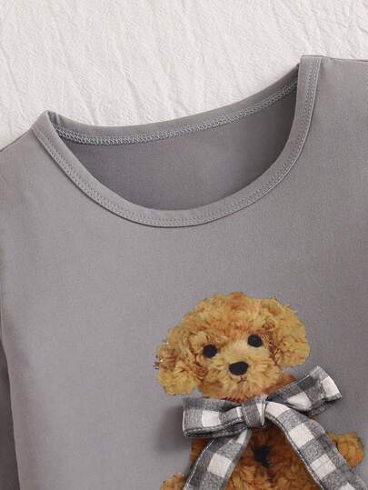 SHEIN Genkimix Kids مجموعة بيجاما بقميص كم طويل وبنطال من قطعتين مطبوع عليها كلب كرتوني وفيونكة للبنات