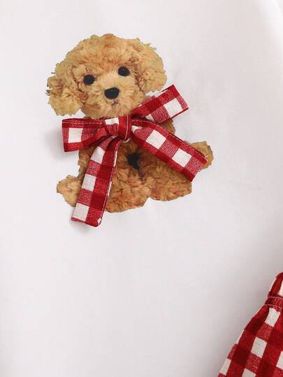 SHEIN مجموعة بيجامة بطبعة كلب كرتوني وفيونكة للبنات، تتكون من ملابس علوية كم طويل وبنطلون