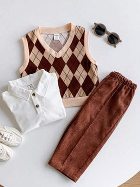 SHEIN مجموعة من 3 قطع للأطفال الصبيان، قميص أبيض بأكمام طويلة مبطن حراريًا بطراز بريبي، سترة مربعة والبنطلون المخمل، مناسب للارتداء الداخلي والخارجي والتزلج والاستخدام اليومي والرياضة واللعب والحفلات والتصوير في فصل الخريف/الشتاء