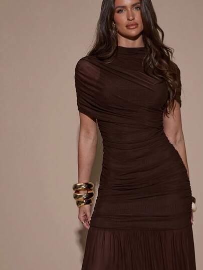 SHEIN BAE فستان ضيق مطوي أنيق، مناسب لحفلات الكوكتيل، المواعيد الرومانسية، التنسيق الطبقي في فصلي الخريف والشتاء، الحفلات، المناسبات الرسمية، عيد الهالوين، عيد الميلاد