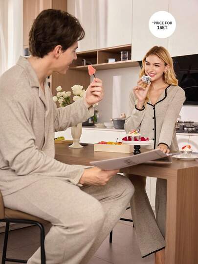 CoupledUp بدلة بيجامة رجالية مكونة من ملابس علوية ياقة منقلبة وبنطال طويل، للخريف والشتاء