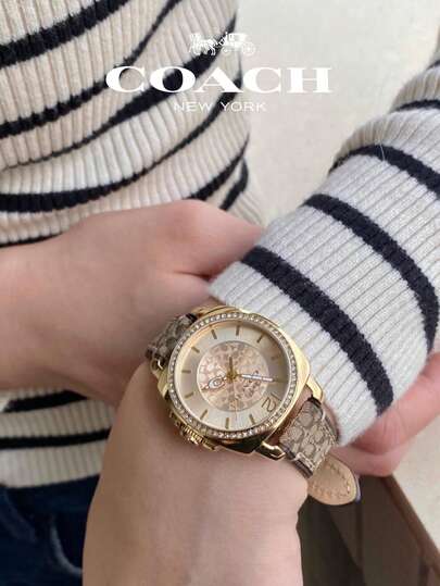Coach Boyfriend Leather Strap Gold Dial Women's Watch