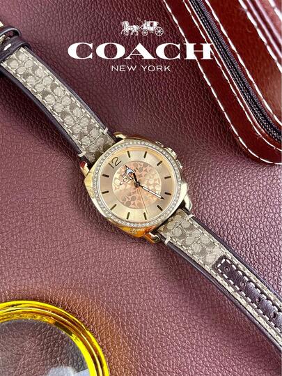 Coach Boyfriend Leather Strap Gold Dial Women's Watch