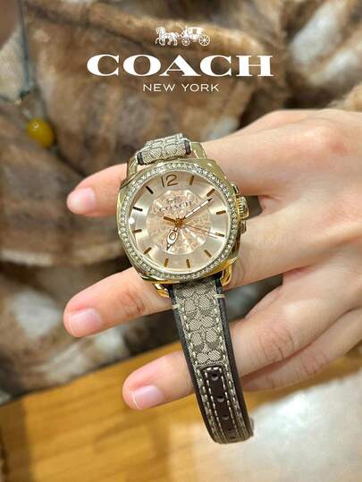 Coach Boyfriend Leather Strap Gold Dial Women's Watch