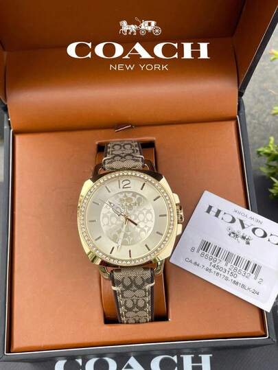 Coach Boyfriend Leather Strap Gold Dial Women's Watch
