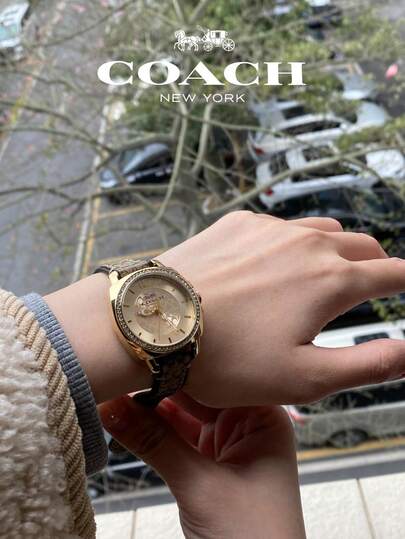 Coach Boyfriend Leather Strap Gold Dial Women's Watch