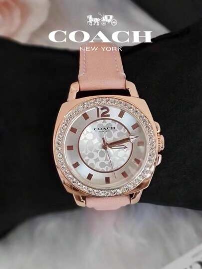 Coach ساعة نسائية بسوار جلدي وردي ومينا أبيض من عرق اللؤلؤ