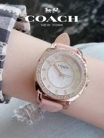 Coach ساعة نسائية بسوار جلدي وردي ومينا أبيض من عرق اللؤلؤ