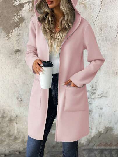 SHEIN LUNE معطف هوديي طويل الأكمام للنساء، ذو كتف منخفض، من قماش البلوفر، مزين بسحاب، متوسط الطول، كاجوال