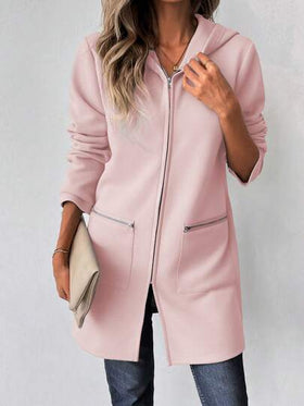 SHEIN LUNE معطف هوديي طويل الأكمام للنساء، ذو كتف منخفض، من قماش البلوفر، مزين بسحاب، متوسط الطول، كاجوال