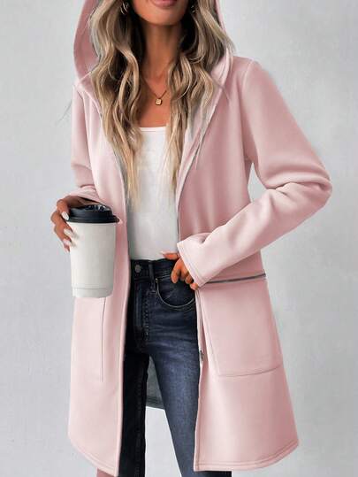 SHEIN LUNE معطف هوديي طويل الأكمام للنساء، ذو كتف منخفض، من قماش البلوفر، مزين بسحاب، متوسط الطول، كاجوال