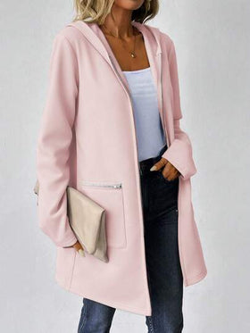 SHEIN LUNE معطف هوديي طويل الأكمام للنساء، ذو كتف منخفض، من قماش البلوفر، مزين بسحاب، متوسط الطول، كاجوال