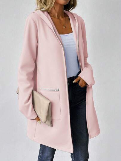 SHEIN LUNE معطف هوديي طويل الأكمام للنساء، ذو كتف منخفض، من قماش البلوفر، مزين بسحاب، متوسط الطول، كاجوال