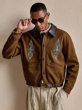 AKNOTIC Business Casual جاكيت طويلة الأكمام عصرية للرجال مع طوق من الجلد وتصميم رقعة، أناقة في فصل الخريف والكريسماس ورأس السنة الجديدة