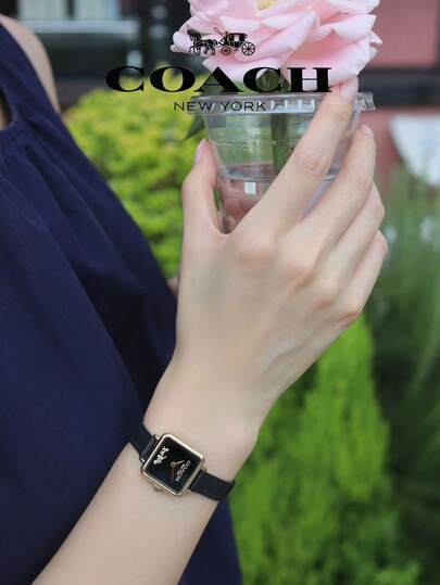 Coach ساعة كاس مربعة الشكل بحزام جلدي أسود للنساء