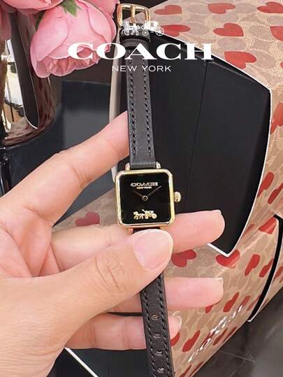 Coach ساعة كاس مربعة الشكل بحزام جلدي أسود للنساء