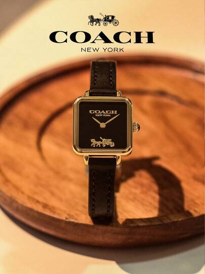 Coach ساعة كاس مربعة الشكل بحزام جلدي أسود للنساء