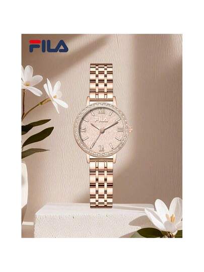 FILA ساعة نسائية كوارتز من فيلا - إطار مرصع بالكريستال اللامع، قرص اللؤلؤ النجمي وسوار من الفولاذ المقاوم للصدأ الأنيق | مقاومة للماء، هدية فاخرة أنيقة للنساء