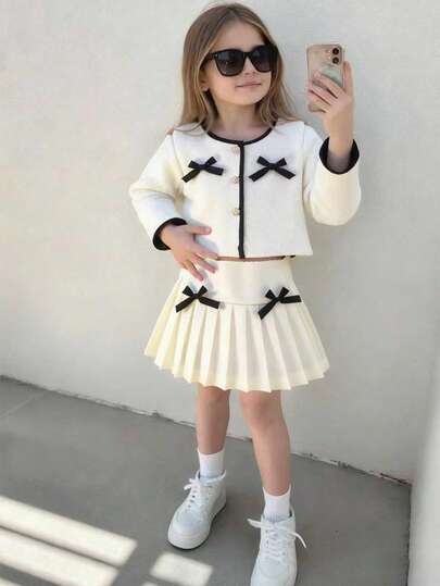 Elladie kids بدلة بنطلون وجاكيت بأكمام طويلة للبنات الصغيرات، ذات ياقة مستديرة وأزرار لؤلؤية وفيونكة ثلاثية الأبعاد، تنورة مطوية، مناسبة للحفلات وأعياد الميلاد والأسلوب الأميري، للربيع والخريف