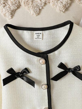 Elladie kids بدلة بنطلون وجاكيت بأكمام طويلة للبنات الصغيرات، ذات ياقة مستديرة وأزرار لؤلؤية وفيونكة ثلاثية الأبعاد، تنورة مطوية، مناسبة للحفلات وأعياد الميلاد والأسلوب الأميري، للربيع والخريف