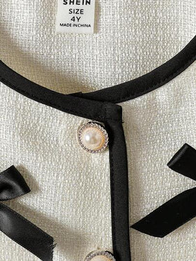 Elladie kids بدلة بنطلون وجاكيت بأكمام طويلة للبنات الصغيرات، ذات ياقة مستديرة وأزرار لؤلؤية وفيونكة ثلاثية الأبعاد، تنورة مطوية، مناسبة للحفلات وأعياد الميلاد والأسلوب الأميري، للربيع والخريف