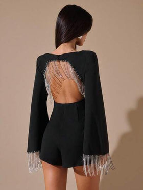 SHEIN BAE جمبسوت كم طويل مرصعة بالراين ذات أكمام واسعة وظهر مكشوف، مناسبة لحفلات الكوكتيل والمواعيد الرومانسية وطبقات الخريف/الشتاء والتجمعات والمناسبات الرسمية وعيد الهالوين وعيد الميلاد