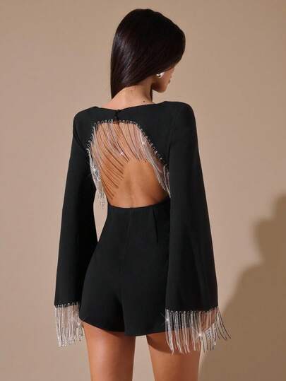 SHEIN BAE جمبسوت كم طويل مرصعة بالراين ذات أكمام واسعة وظهر مكشوف، مناسبة لحفلات الكوكتيل والمواعيد الرومانسية وطبقات الخريف/الشتاء والتجمعات والمناسبات الرسمية وعيد الهالوين وعيد الميلاد