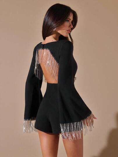 SHEIN BAE جمبسوت كم طويل مرصعة بالراين ذات أكمام واسعة وظهر مكشوف، مناسبة لحفلات الكوكتيل والمواعيد الرومانسية وطبقات الخريف/الشتاء والتجمعات والمناسبات الرسمية وعيد الهالوين وعيد الميلاد