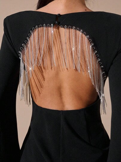 SHEIN BAE جمبسوت كم طويل مرصعة بالراين ذات أكمام واسعة وظهر مكشوف، مناسبة لحفلات الكوكتيل والمواعيد الرومانسية وطبقات الخريف/الشتاء والتجمعات والمناسبات الرسمية وعيد الهالوين وعيد الميلاد