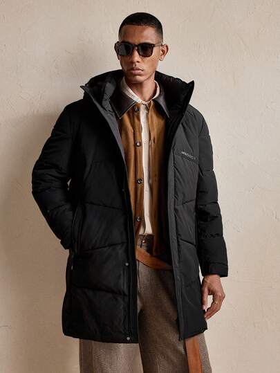 AKNOTIC Business Casual معطف مبطن طويل الأكمام سميك للرجال، معطف مبطن كاجوال متوسط الطول مزود بقلنسوة، شتوي