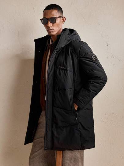AKNOTIC Business Casual معطف مبطن طويل الأكمام سميك للرجال، معطف مبطن كاجوال متوسط الطول مزود بقلنسوة، شتوي