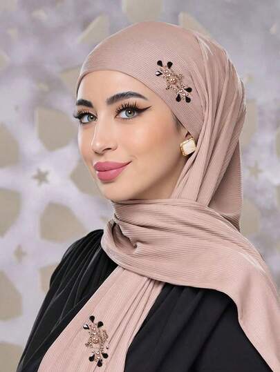وشاح مسلم مرن مصنوع من الكروشيه مزين بالراين للنساء، مناسب للفستان